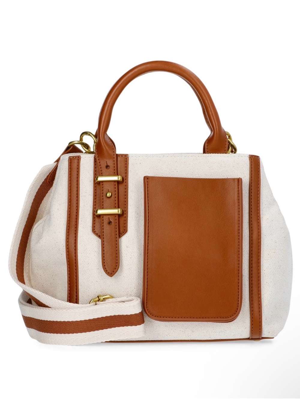 Cream Canvas Satchel with Tan Leather Trim and Striped Strap